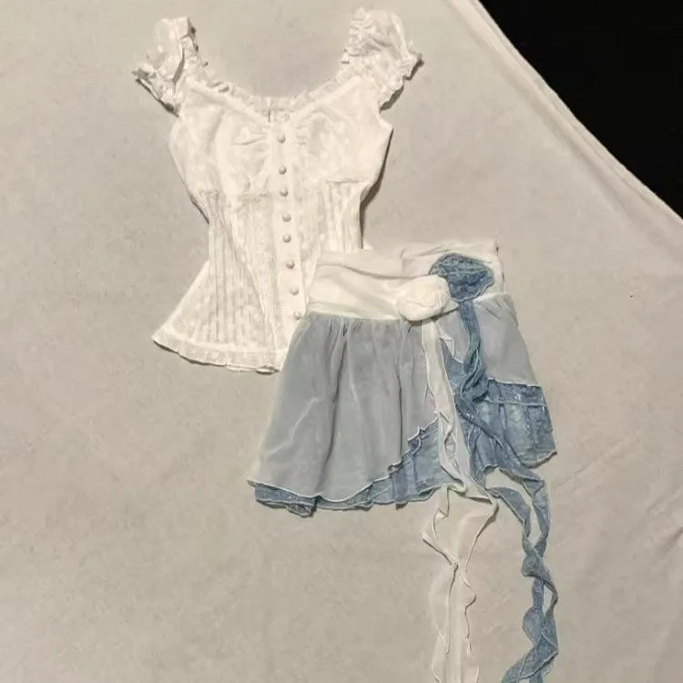 Product Image for Sandsberg | Fashion Süßes V-Ausschnitt Pilz Patchwork Weiße Tops Frauen + Y2k Hohe Taille 3D Blumen Netz Röcke 2025 Sommer Neue Zweiteilige Sets, 