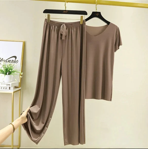 Product Image for Weiches bequemes Seiden T-Shirt mit kurzen Ärmeln Zweiteiliges Set, Khaki / XL