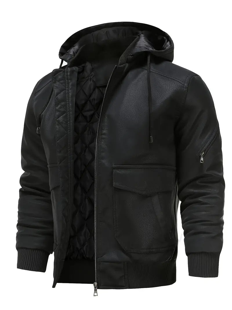 Product Image for Waterdichte Winddichte PU Leren Winterjas voor Heren met Capuchon, Schwarz / XL