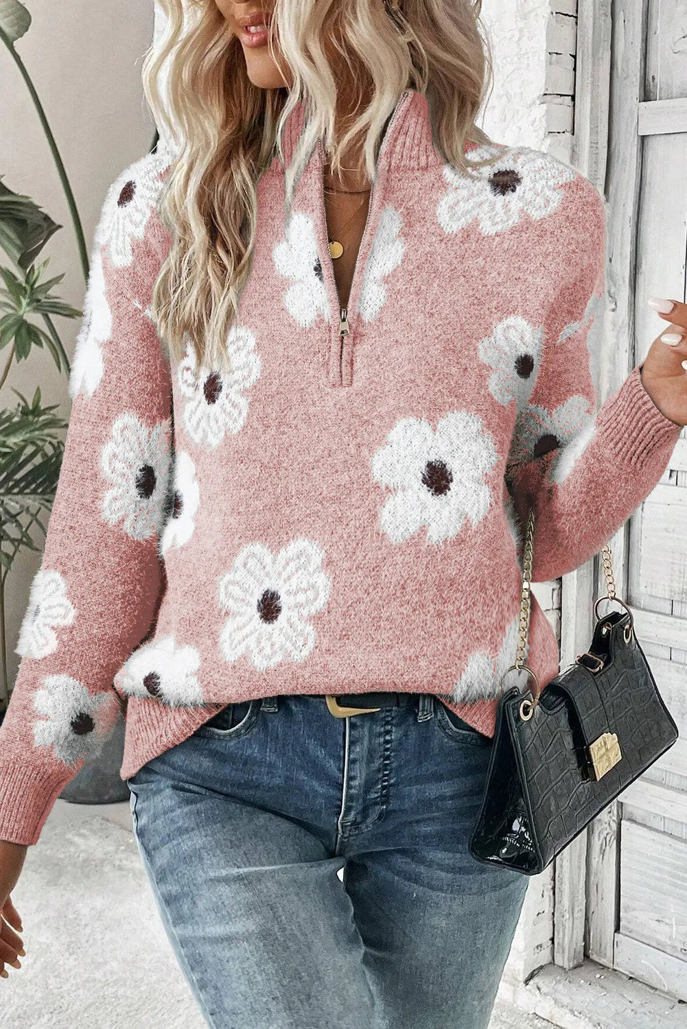 Product Image for Stylischer Pullover mit Blumenmuster und bequemem Halbzipper, Rosa / 2XL