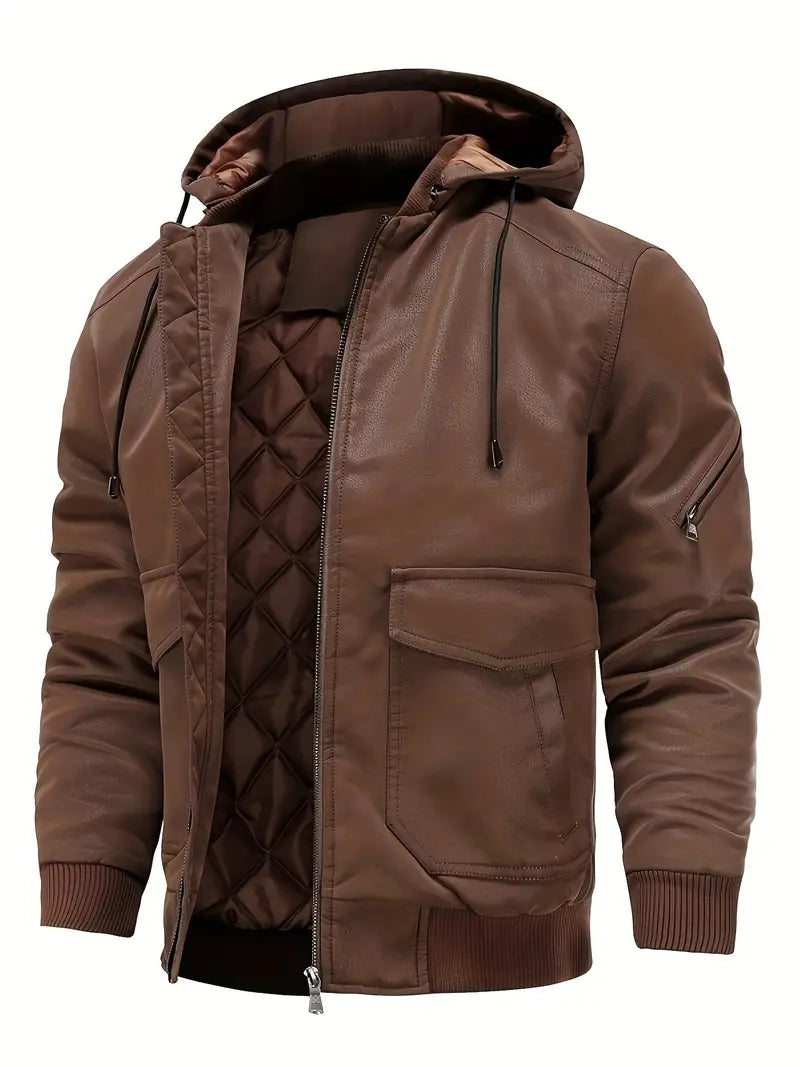 Product Image for Waterdichte Winddichte PU Leren Winterjas voor Heren met Capuchon, Kaffee / XS