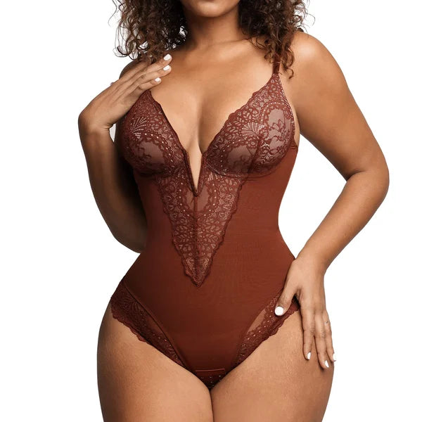 Product Image for Spitzen Tanga Body Mit Tiefem V-ausschnitt, Braun / XXL