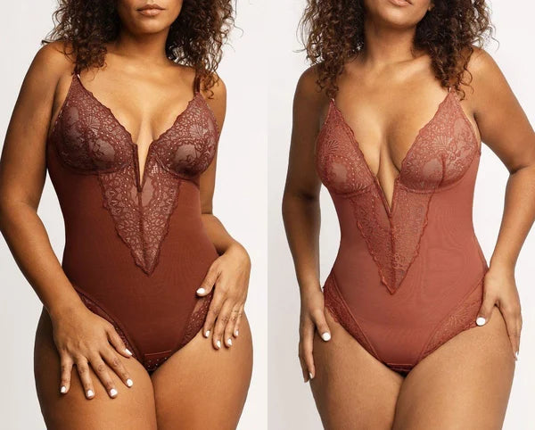 Product Image for Spitzen Tanga Body Mit Tiefem V-ausschnitt, 2 Set【Braun+Schokolade】 / XL