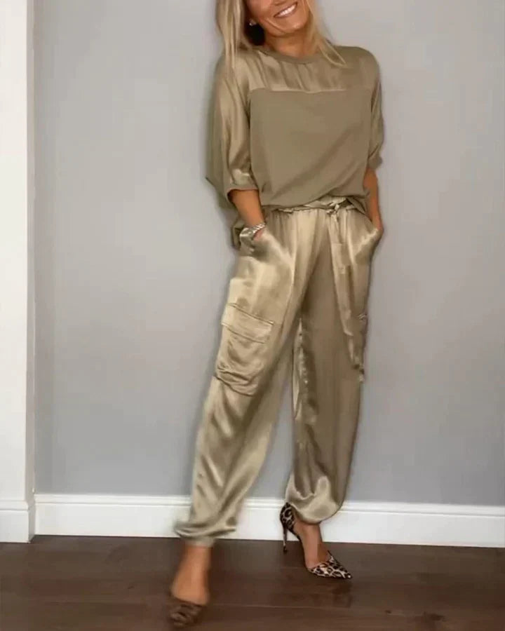 Product Image for Zweiteiliger Anzug aus glattem Satin mit halblangem Oberteil und Hose für Damen, Gold / S
