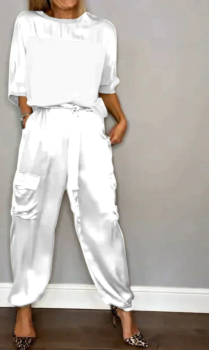 Product Image for Zweiteiliger Anzug aus glattem Satin mit halblangem Oberteil und Hose für Damen, Weiß / 2XL