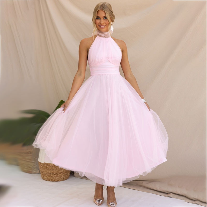Product Image for Heiß verkauftes, ärmelloses Neckholder-Kleid aus einfarbigem Netzstoff mit Rollkragen , Rosa / M