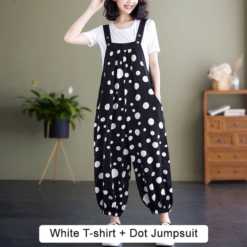 Product Image for Lässiger, lockerer Overall mit Taschen und einfarbigem T-Shirt, zweiteiliges Set, Wit T-Shirt + Punkte Jumpsuit 10% Out / XL