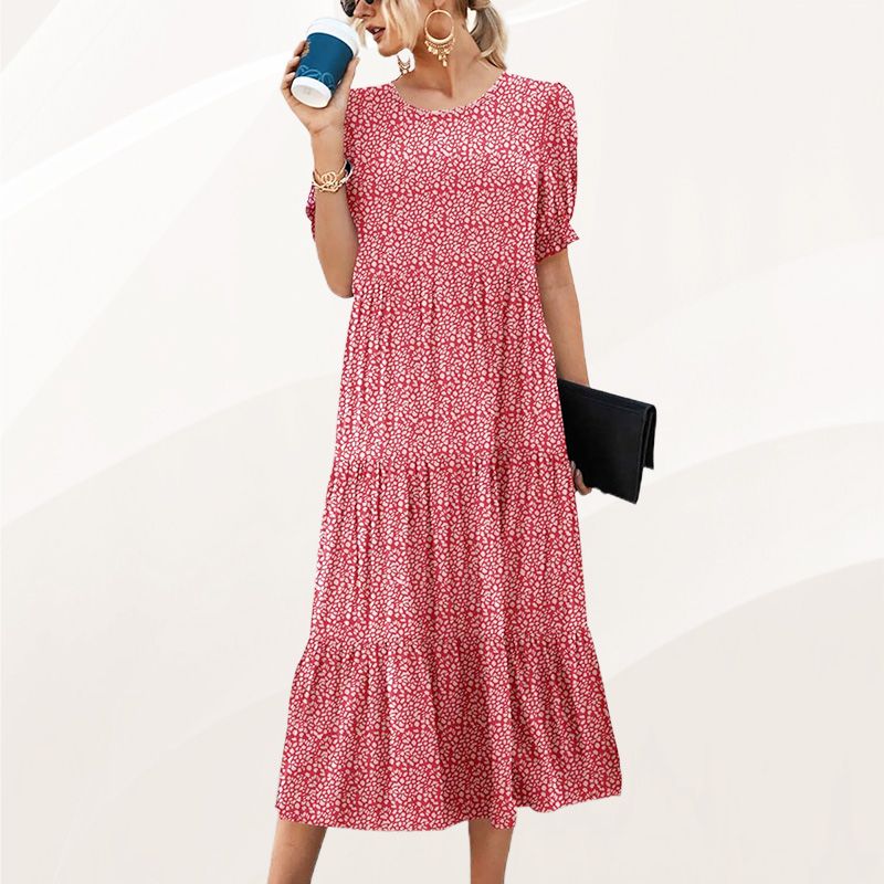 Product Image for Damenmode: Charmantes und großzügiges Kleid mit bedruckten Rüschensäumen, Rot / L/UK12-14
