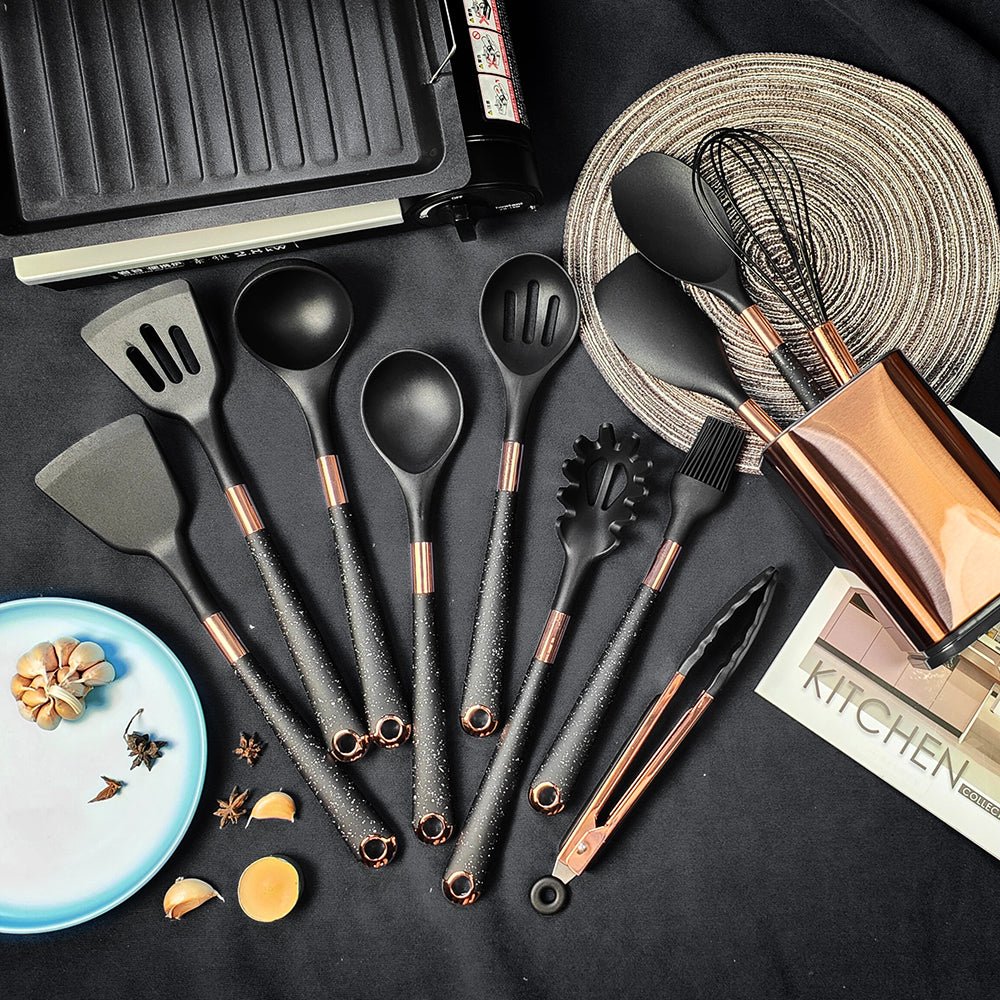 9 Piece Black Colored Silicone Kitchen Utensils Set with Wooden Handles by Elyon Tableware