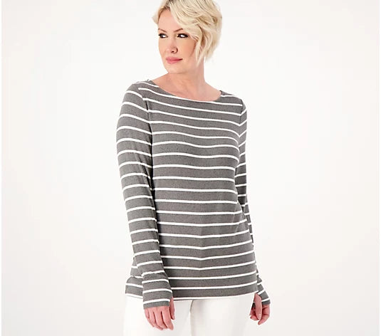 Belle by Kim Gravel Heathered Brushed Knit Striped Top- Dark Moss