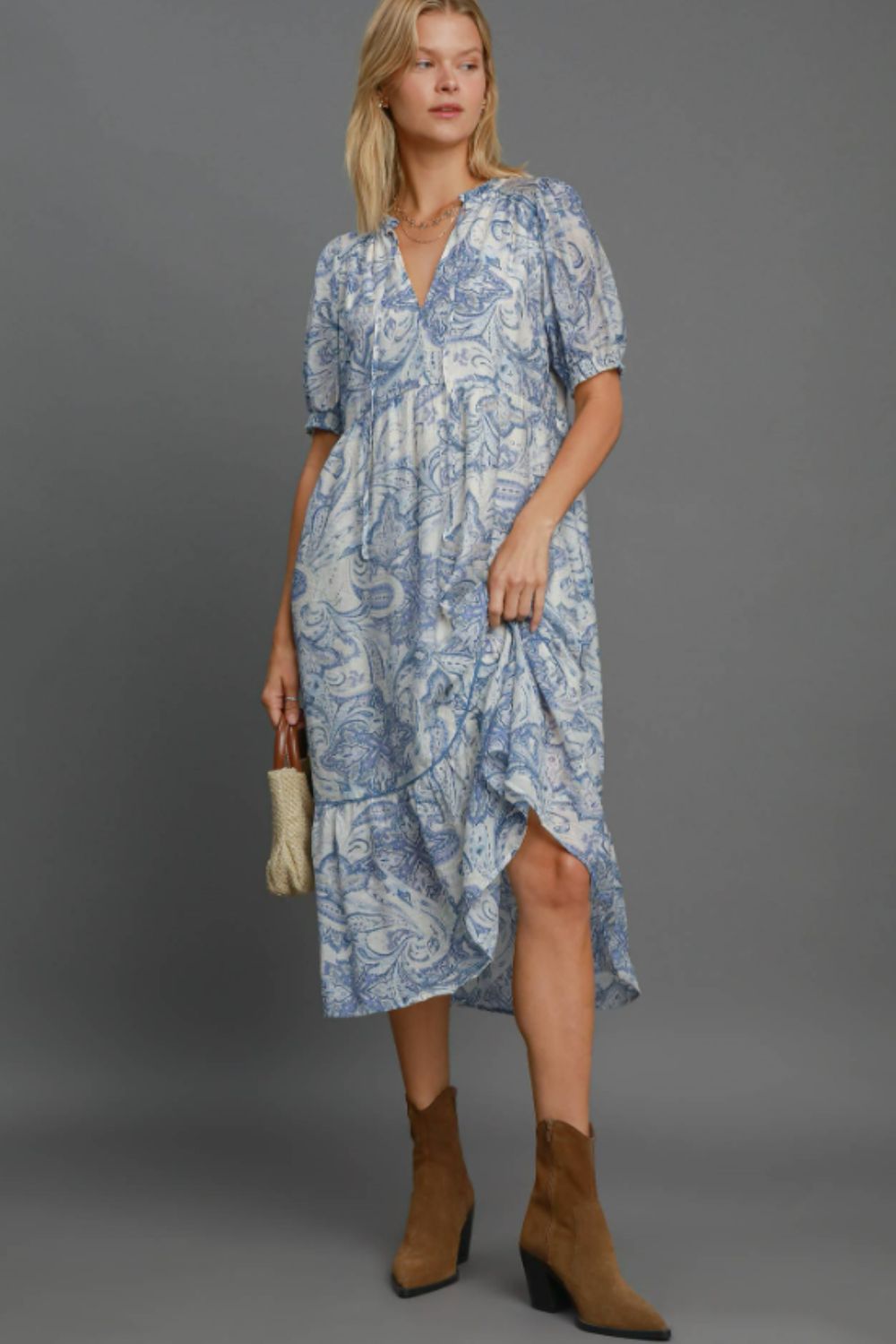 Printed Puff Short Sleeve Midi Dress