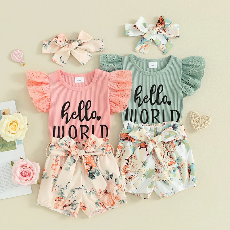 Girl's 3-Piece Fly Sleeve "Hello World" Onesie, Floral Shorts & Bow Headband Sets