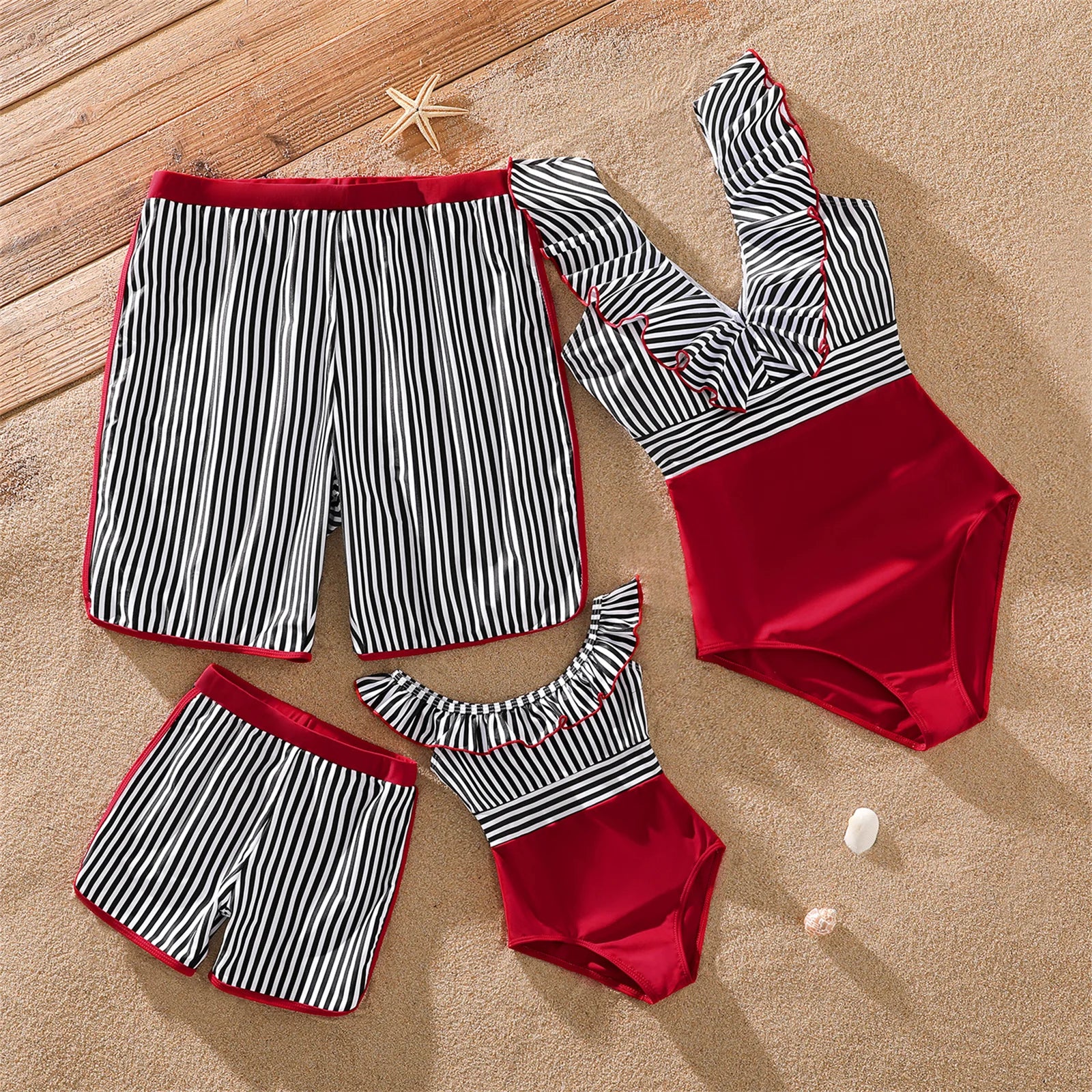 Family Matching! Striped Swim Trunks Shorts & Ruffle Splicing One-Piece Swimsuit