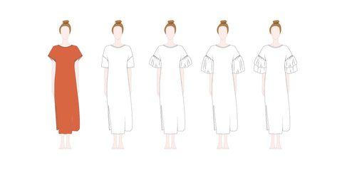 Billy pattern variations of five long dresses with jersey trim and different sleeves