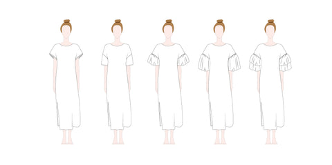 Billy pattern variations of five long dresses with facing and different sleeves