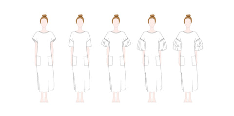 Billy pattern variations of five long dresses with jersey neck trim and pockets and different sleeves