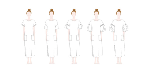 Billy pattern variations of five long dresses with facing, pockets and different sleeves