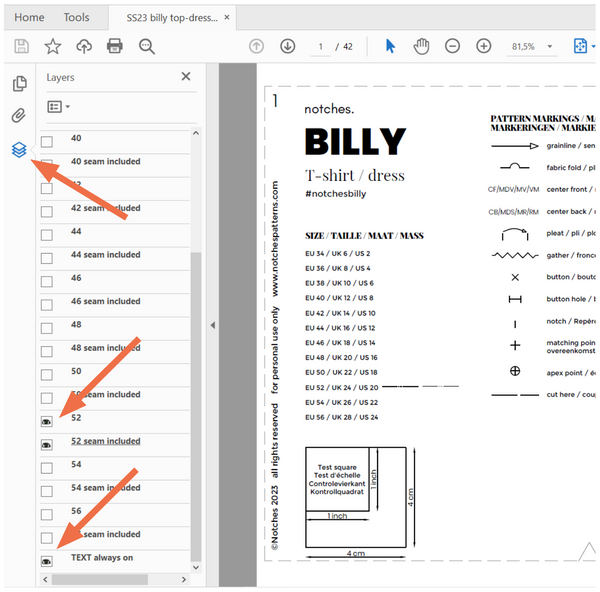 Klikbare lagen in pdf-lezer om uw maat te selecteren en uw naaipatroon af te drukken