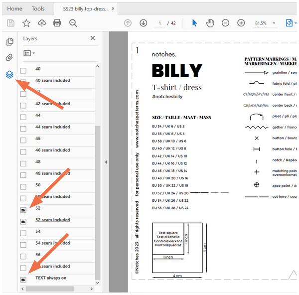 Clickable layers in pdf reader to select your size and print out your sewing pattern