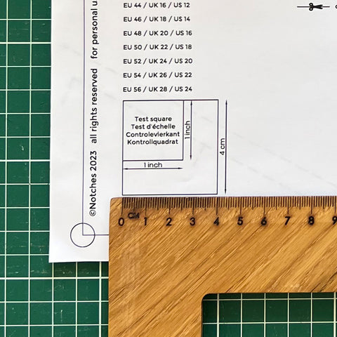 Ruler measuring test square to check if scaling is correct