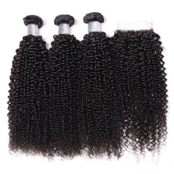 Mslynn Hair Brazilian Kinky Curly 3 Bundles with Lace Closure 100% Unprocessed Brazilian Kinky Curly Hair Weave Bundles Natural Color