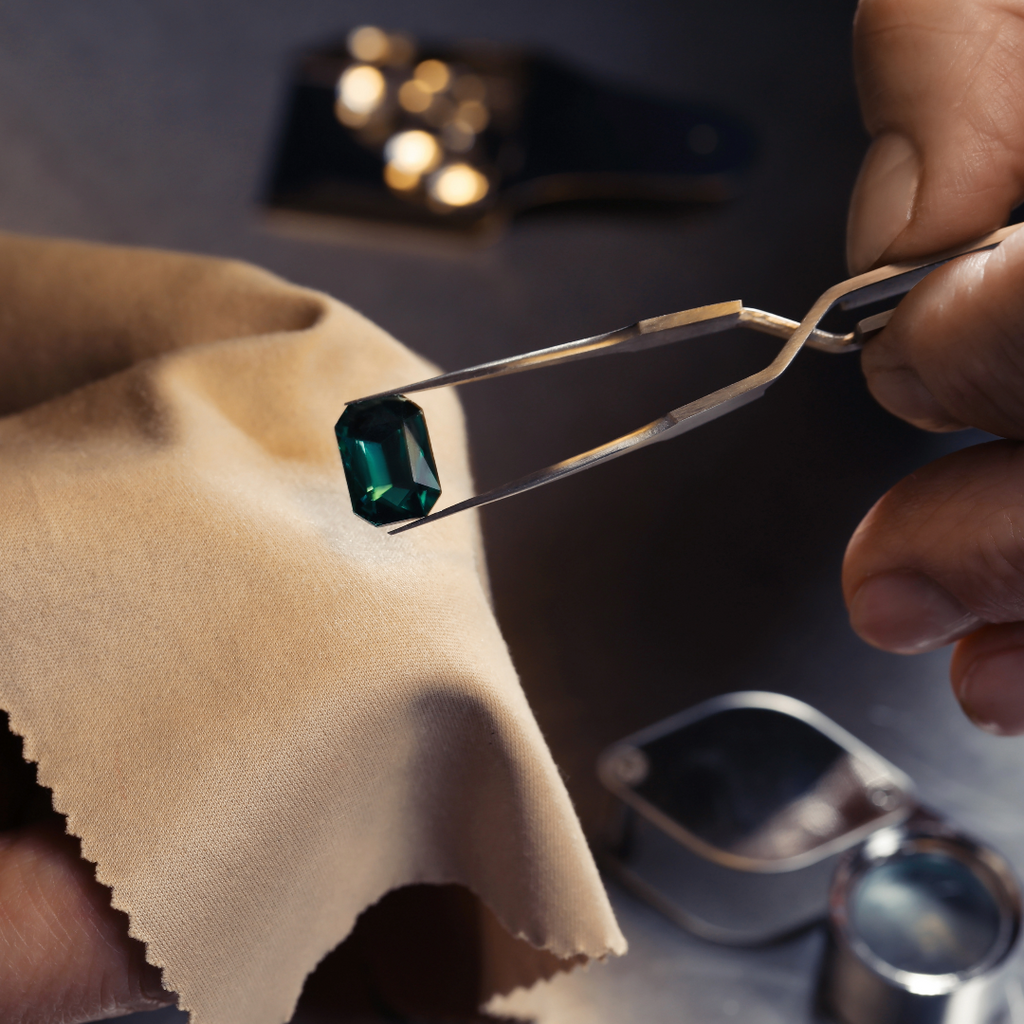 A jewelry appraiser examines a gemstone using loopers to determine authenticity.