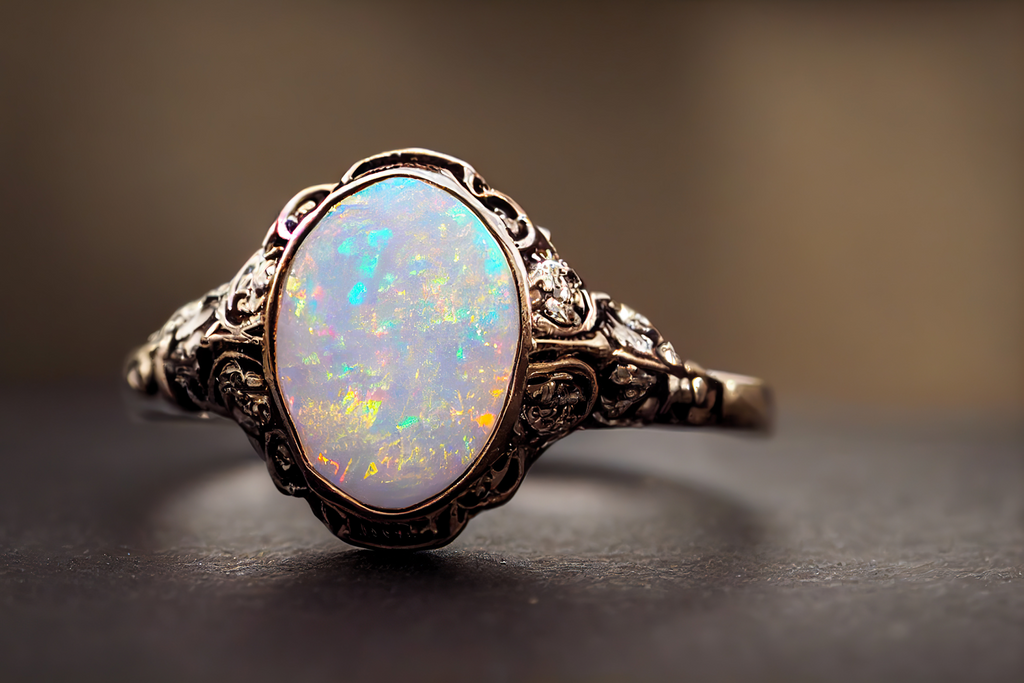 An antique opal ring presented for laser engraving at a jeweler.