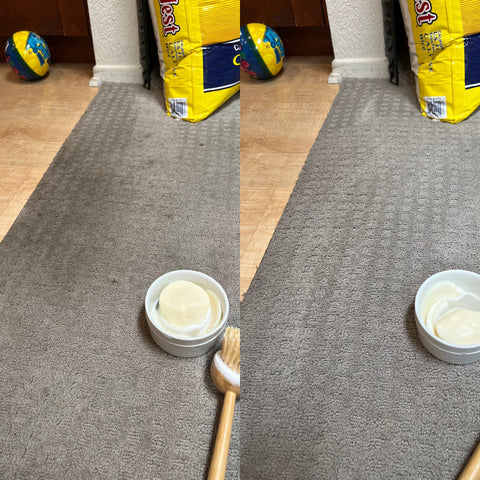 before and after image of dirt carpet stains using solid dish soap