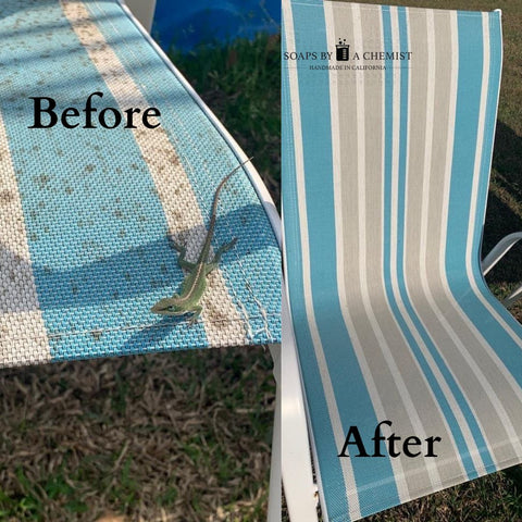 before and after cleaning outdoor furniture with solid dish soap