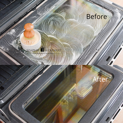 before and after image of cleaning the oven door surface using solid dish soap