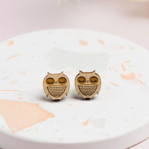 wooden owl earrings from the ginger pickle shop