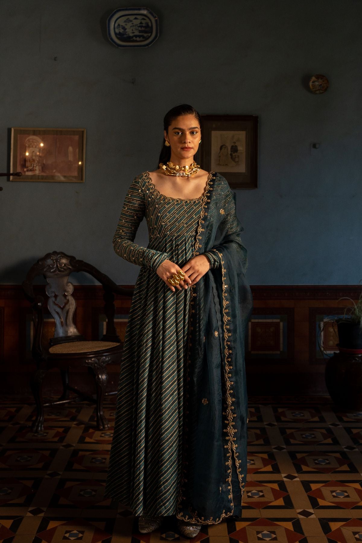 Teal Blue Lehriya Printed Anarkali Set