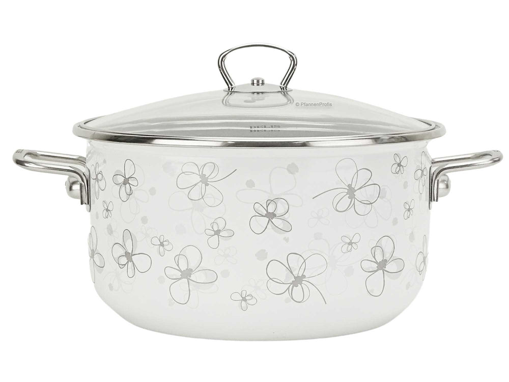 Pentola piccola smalto bianco con decorazioni floreali 16 cm