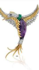 broche oiseau diamant emeraude et amethyste