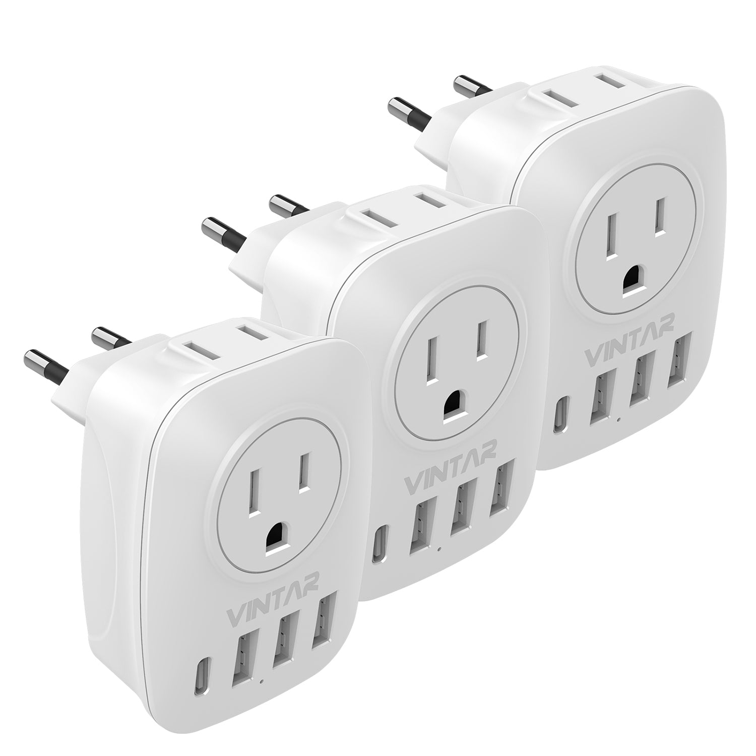 [3-Pack] European Travel Plug Adapter, VINTAR International Power Plug Adapter with 2 Outlets, 3 USB and 1 USB-C, 6 in 1 Travel Essentials for US to Most of Europe EU Italy France Spain Greece, Type C
