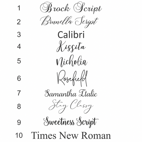 Fonts - Brock Script, Brunella Script, Calibri, Kissita, Nicholia, Rosefield, Samantha Italic, Stay Classy, Sweetness Script and Times New Roman