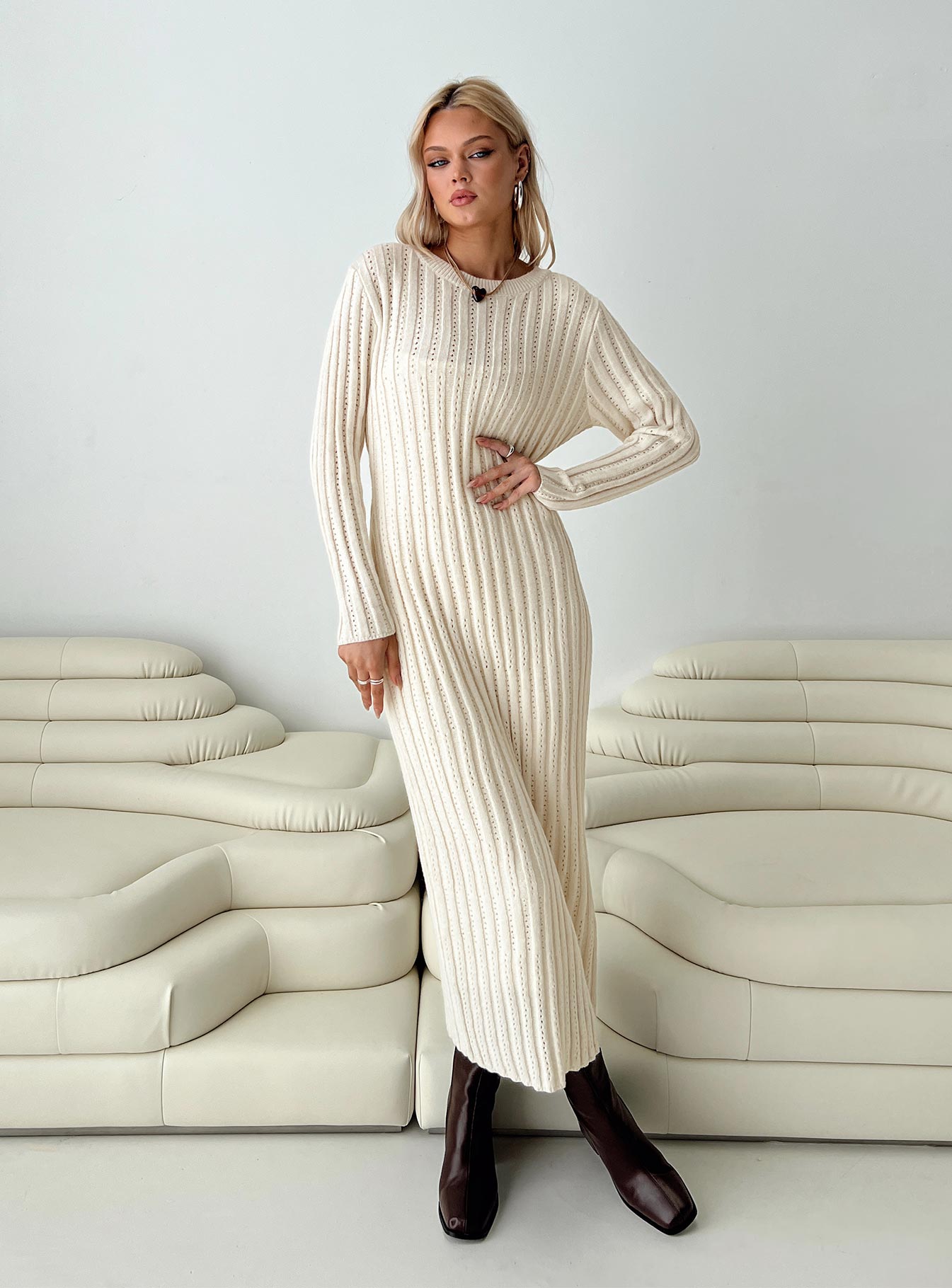 Rahne Long Sleeve Knit Maxi Dress Cream