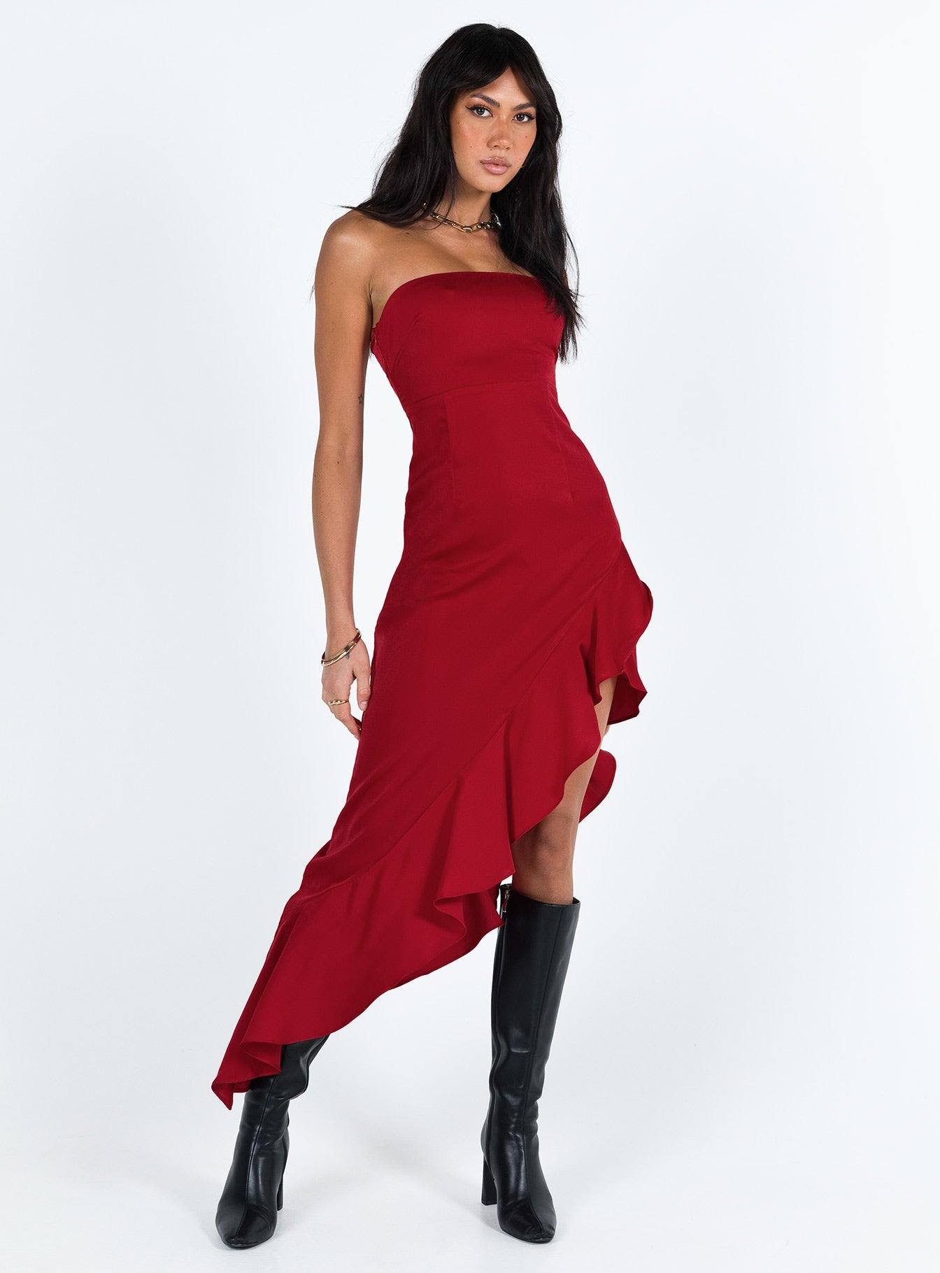 Emelina Asymmetric Midi Dress Red