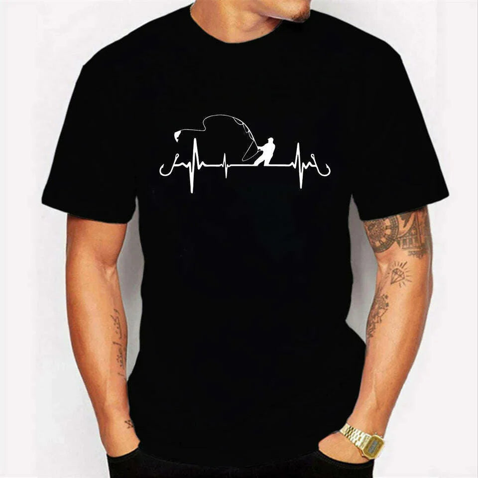 100% Cotton Funny T-Shirt Fishing Heartbeat Male Vintage Graphic Tshirt Men Novelty Streetwear T Shirt Men Homme Men's Clothes