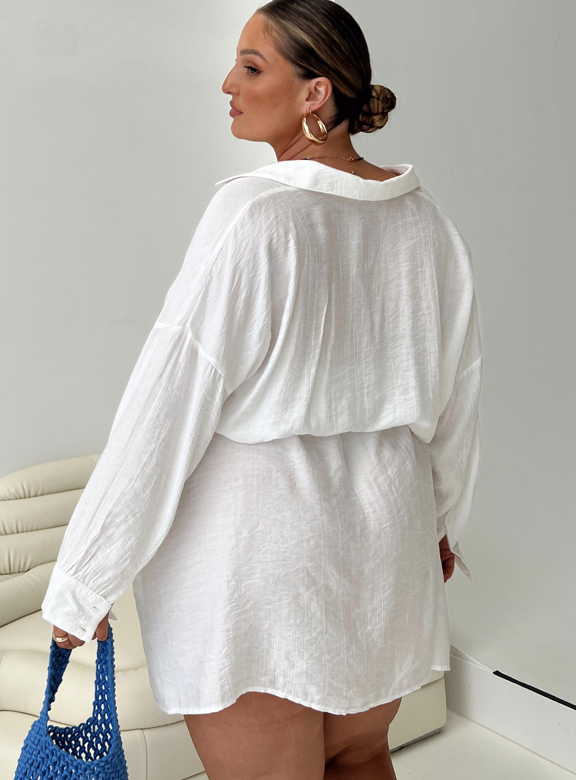 Bilari Textured Fabric Shirt Dress White Curve