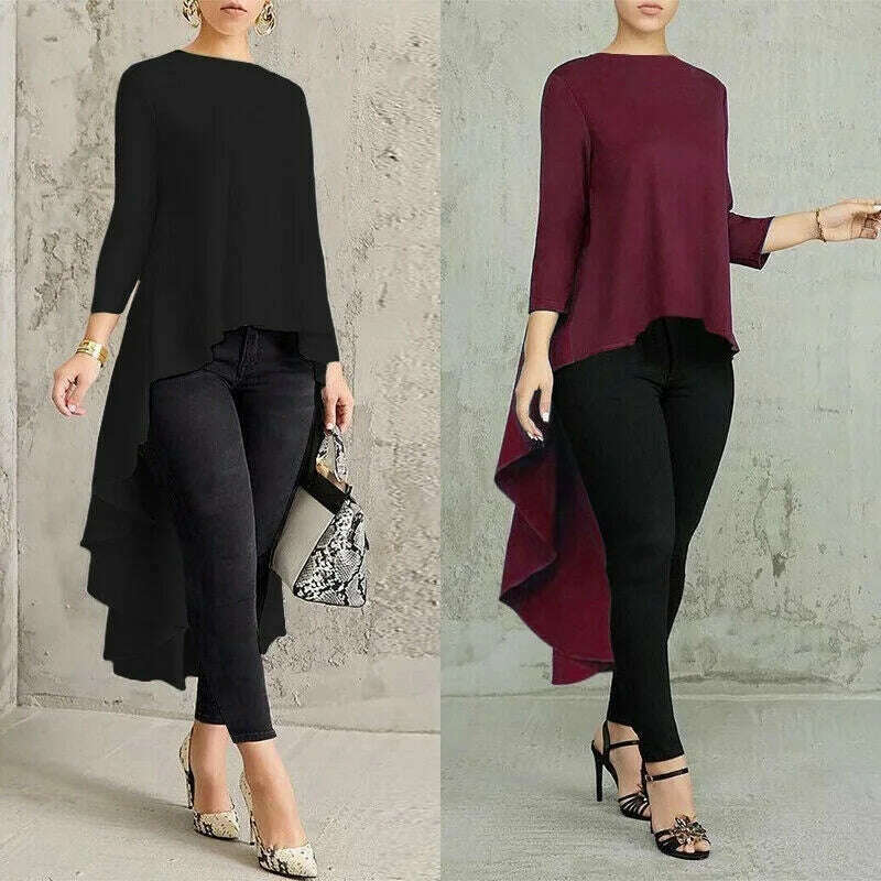 2022 New Women Fashion Long Sleeve Asymmetrical Waterfall Shirt Tops Female High Low Dress Tops Large Size XS-8XL