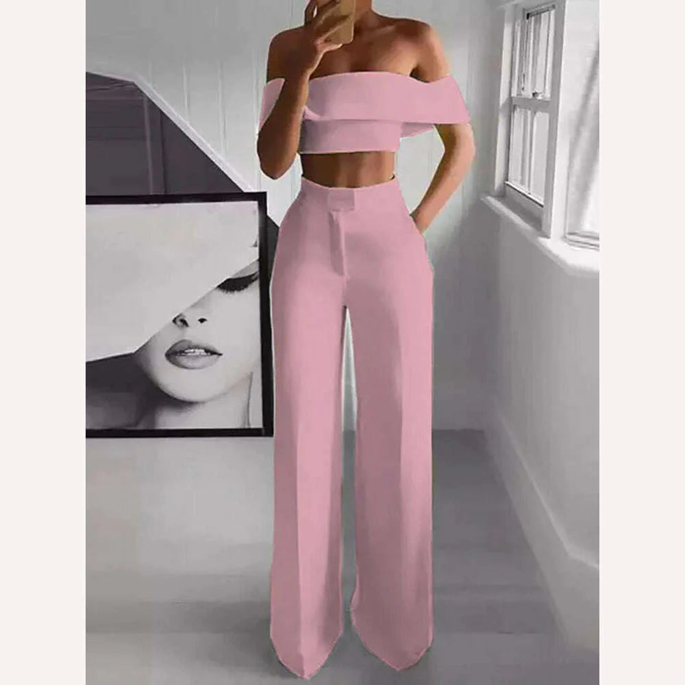 2022 Summer Solid Casual Two Piece Set Women Sexy Short Top Wide Leg Pants Outfits Femme Streetwear Slash Neck Shirt Pant Suit