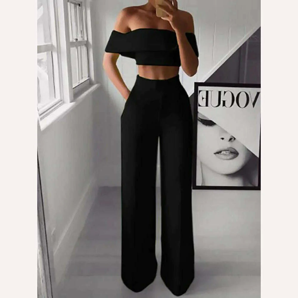 2022 Summer Solid Casual Two Piece Set Women Sexy Short Top Wide Leg Pants Outfits Femme Streetwear Slash Neck Shirt Pant Suit