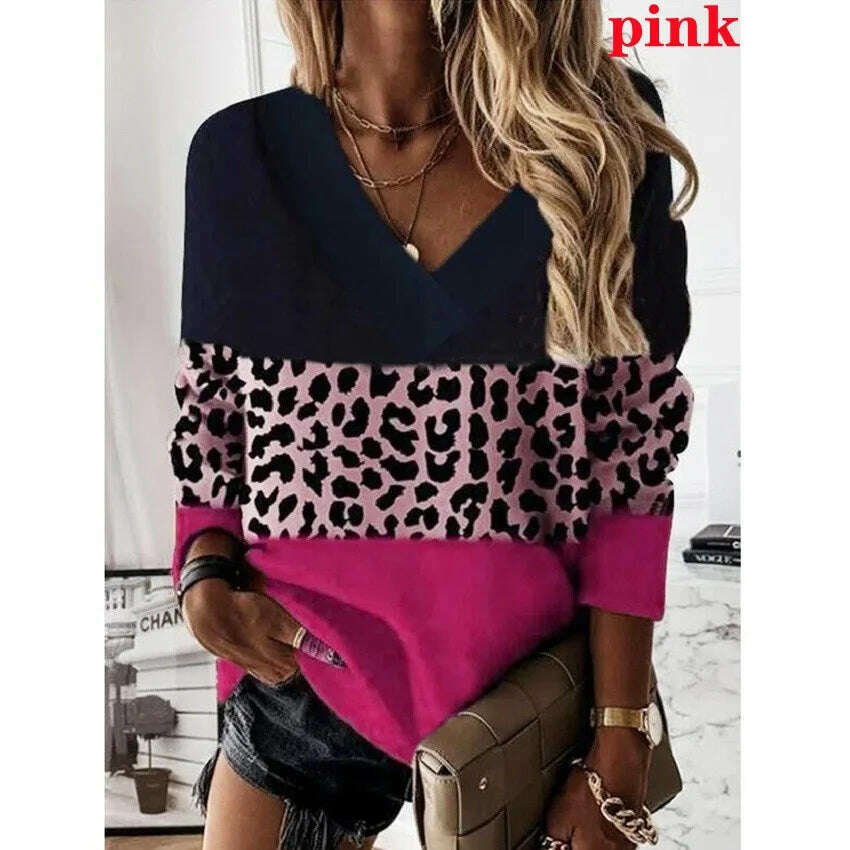 2022 Women Fashion Plus Size Loose Casual Blouses Long Sleeve Leopard Print Floral Print V Neck Spring And Autumn Tops