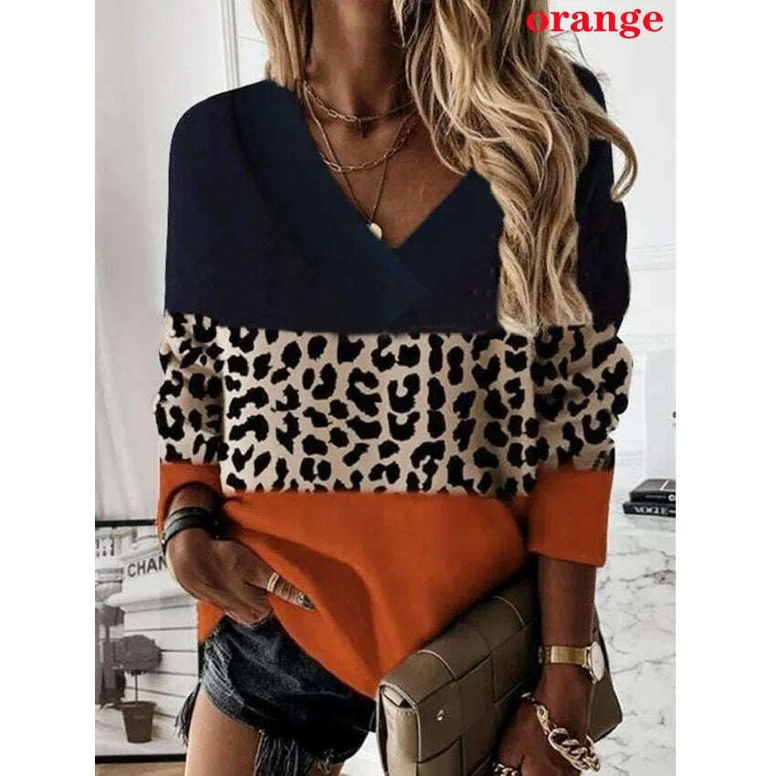 2022 Women Fashion Plus Size Loose Casual Blouses Long Sleeve Leopard Print Floral Print V Neck Spring And Autumn Tops