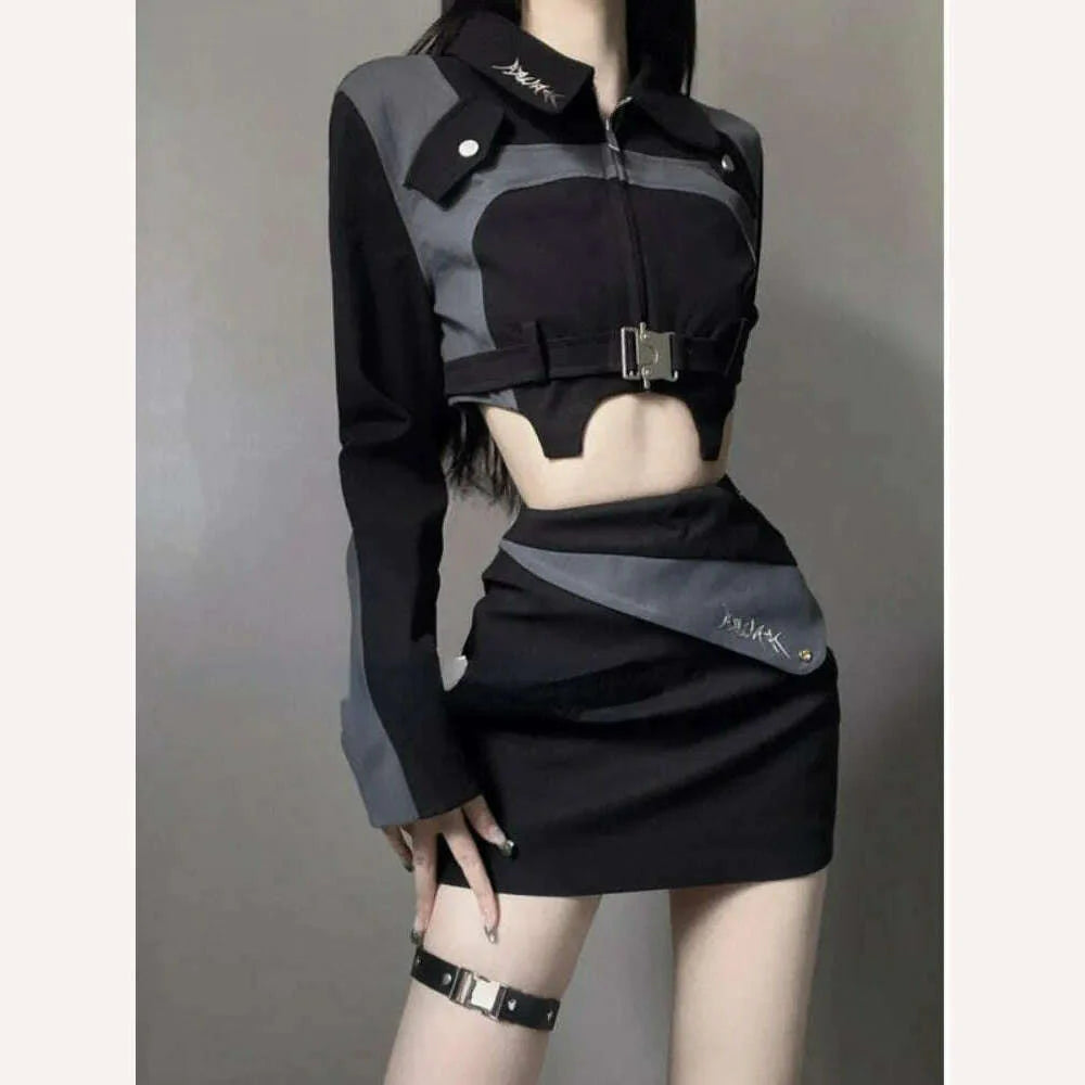 2023 Autumn Black 2 Piece Dress Set Women Casual Y2k Crop Tops + Mini Skrits Korean Fashion Suits Bodycon Elegant Chic Blouse