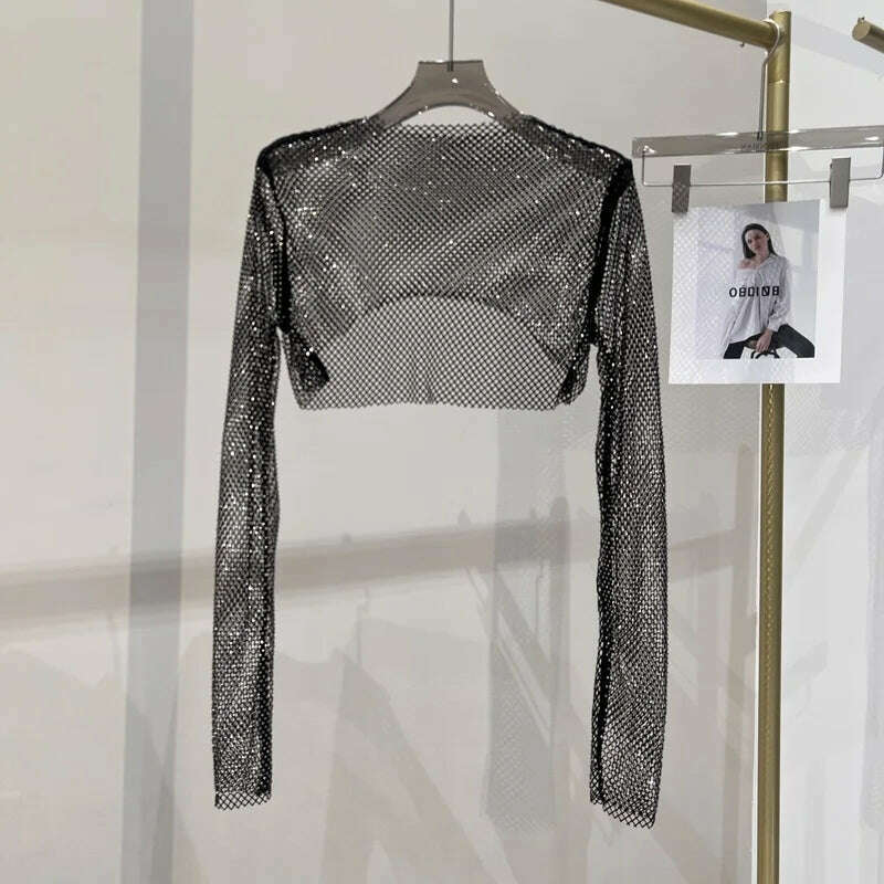 2023 new sexy bright diamond short top Slim thin Ms. hot drill long-sleeved T-shirt sexy leak waist nightclub