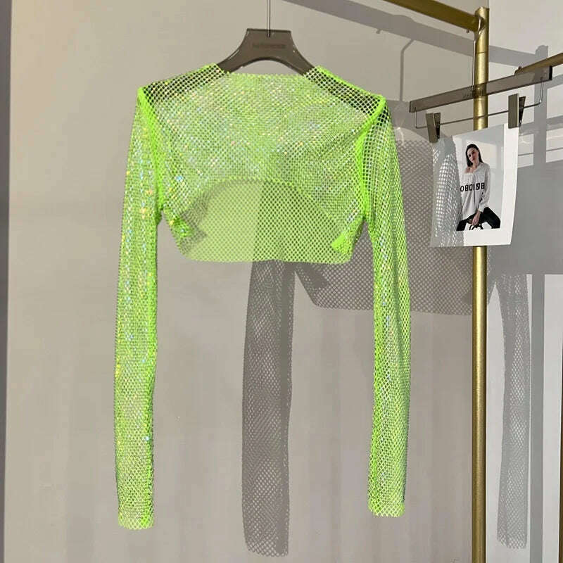 2023 new sexy bright diamond short top Slim thin Ms. hot drill long-sleeved T-shirt sexy leak waist nightclub