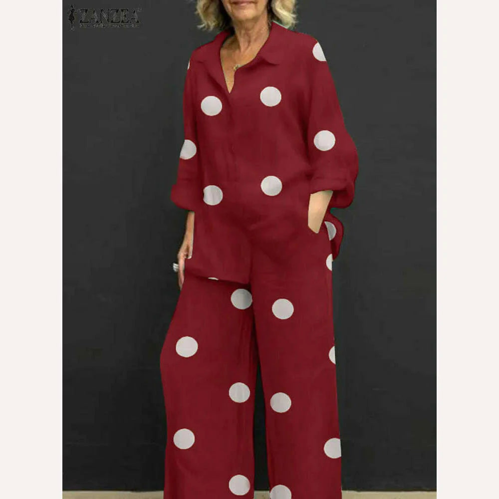 2023 ZANZEA Stylish Women Pants Sets Spring Long Sleeve Tops Wide Leg Trousers Suits 2PCS Polka Dot Matching Sets Loose Outifits