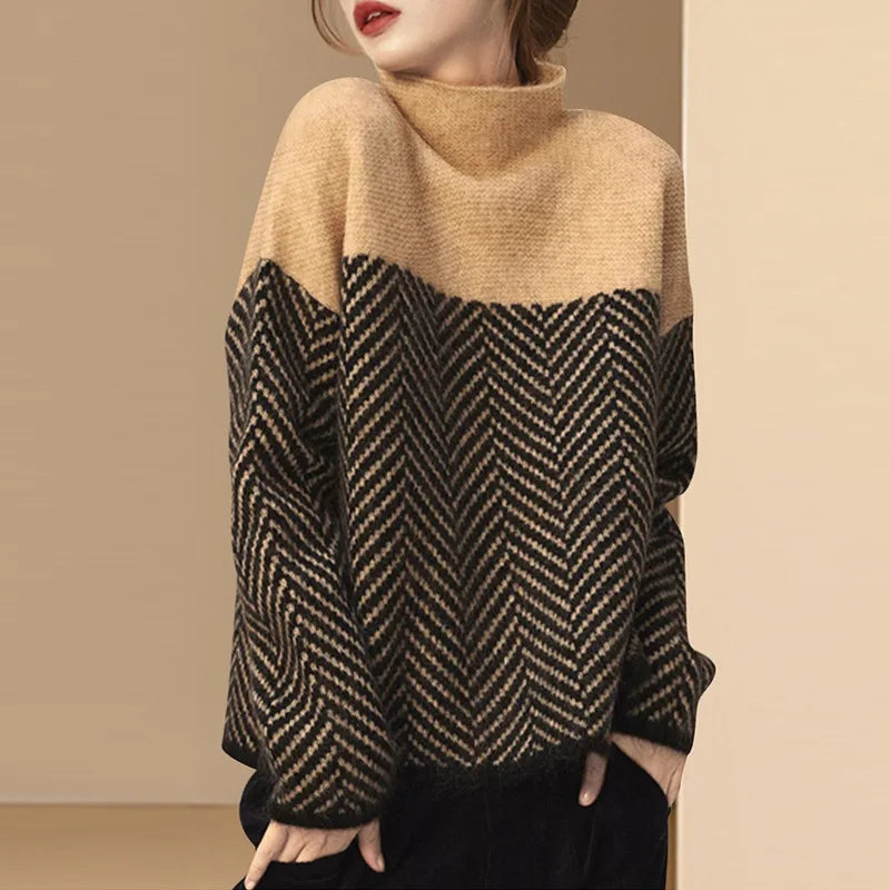 Women's Sweater Autumn Vintage Colorblocking Half Turtleneck Knit Sweater Loose Lazy Style Inside Matching Pullover Sweater Tops